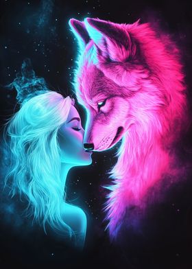 Lovely Wolf and Woman in Neon