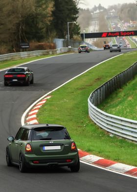 Green Mini Cooper on Nordschleife