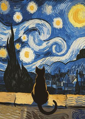 Black Cat and Starry Night