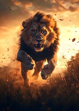 Lion Running at Sunset