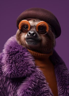 Sloth in Purple Fur Coat