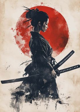 Samurai Woman with Red Sun