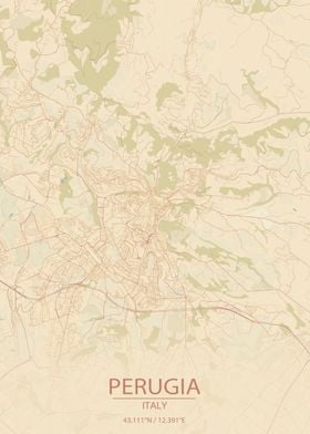 Perugia Italy Vintage Style City Map