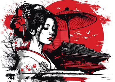 Geisha with Red Sun