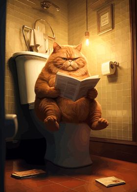 Cat Reading on Toilet