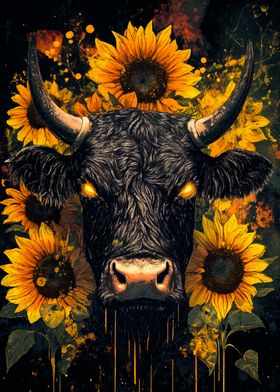 Cow and Sunflowers