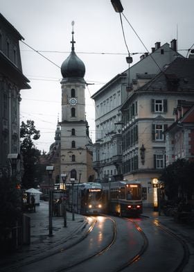 Trams on rainy day in Graz