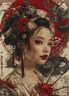 Geisha with Dragon and Cherry Blossoms