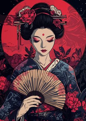 Geisha with Fan and Red Moon