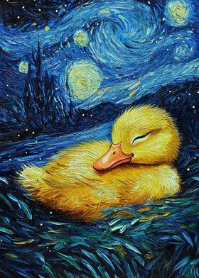 Baby Duck Duckling in Starry Night