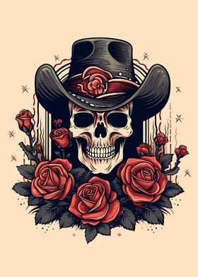 Skull in Cowboy Hat with Roses