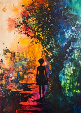 Silhouette of a Woman in a Colorful Forest