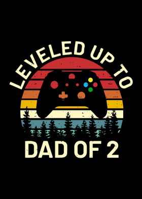 vintage retro sunset distressed pine trees leveled up to dad of 2 video gamer cute graphic