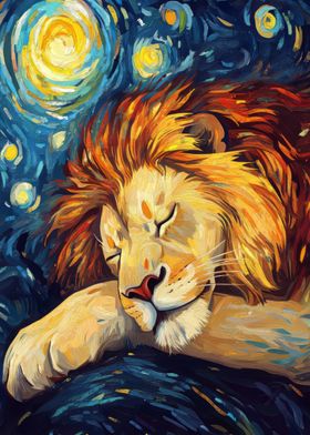 Lion Sleeping Under Starry Night