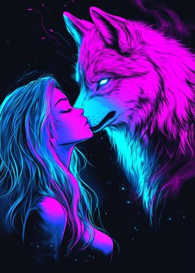 Cute Wolf and Cute Girl in Neon Space