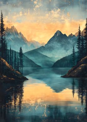 Mountain Lake Sunset Vintage Painting