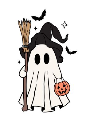 Ghost with Broom and Pumpkin