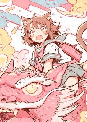 Kawaii Anime Cat Girl Riding Dragon