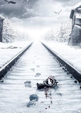 Gas Mask on Snowy Tracks