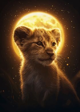 Lion Cub Under Full Moon