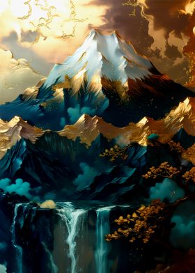 Japanese Art Golden Mountain Waterfall