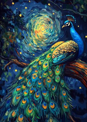 Peacock Under Starry Night