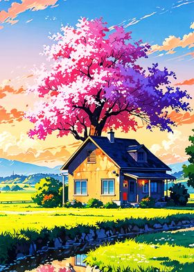 House Under Cherry Blossom Tree