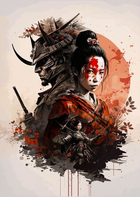 Samurai & Geisha Art Print