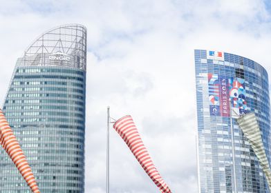 Modern Skyscrapers with Windsocks in Paris, during Paris 2024 Olympics.