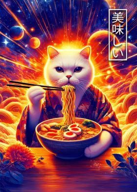 Cat Eating Ramen in Space