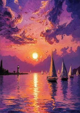 Sunset Sailboats Painting