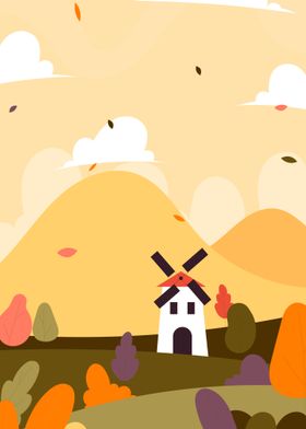 Windmill in Autumn Landscape