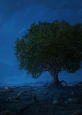 Lonely Tree Under Night Sky