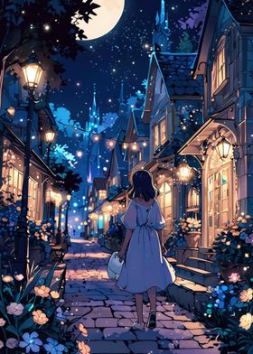 Nighttime Stroll in a Magical Town