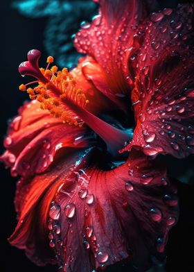 Red Hibiscus with Dew Drops