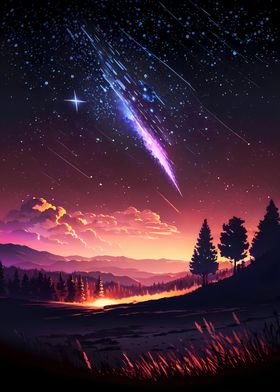 Shooting Stars Anime Landscape