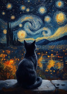 Starry Night Cat Landscape