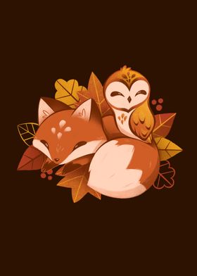 Fox and Owl Autumn Illustration