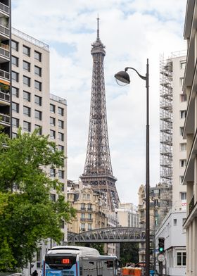 Eiffel Tower View from busy Paris Street