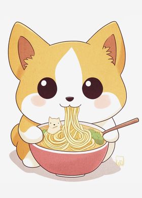 Cute Dog Eating Ramen