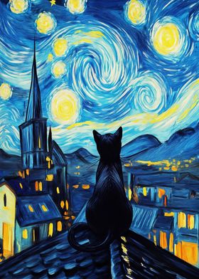 Starry Night Cat Landscape