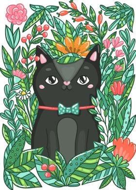 Black Cat in Flowers