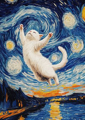 Cat in Starry Night Landscape