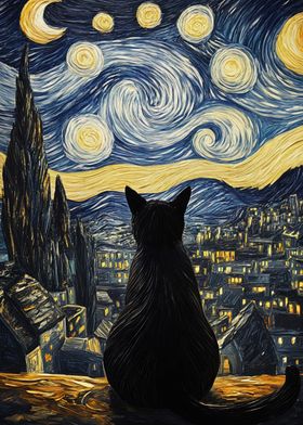 Cat Under Starry Night Landscape