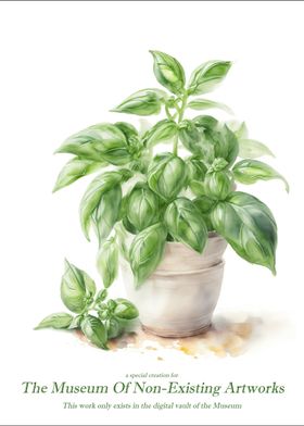 Basil Plant in white pot Watercolor painting