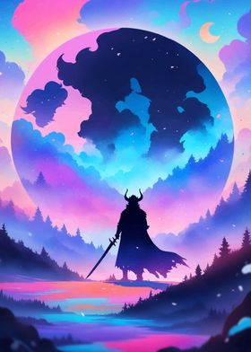 Viking Warrior Under Giant Moon