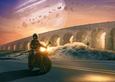 Motorcycle Rider on a Surreal Road