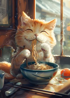 Cute Cat Eating Ramen