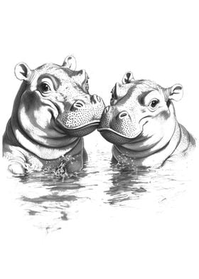 Two Sweet Hippos in Water