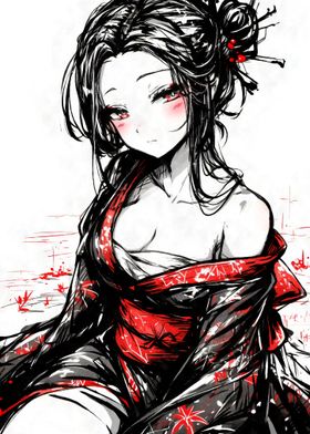 Black Ink Anime Girl in Kimono